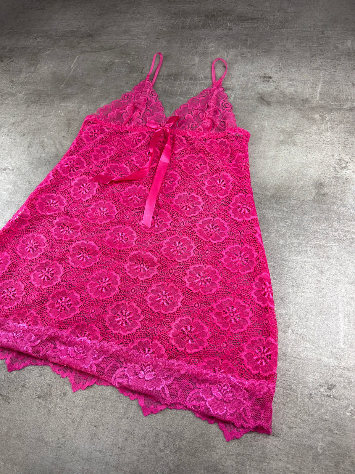 Vintage Y2K Floral Lace Satin Bow Babydoll Mini Slip Dress - Hot Pink - Past Pieces