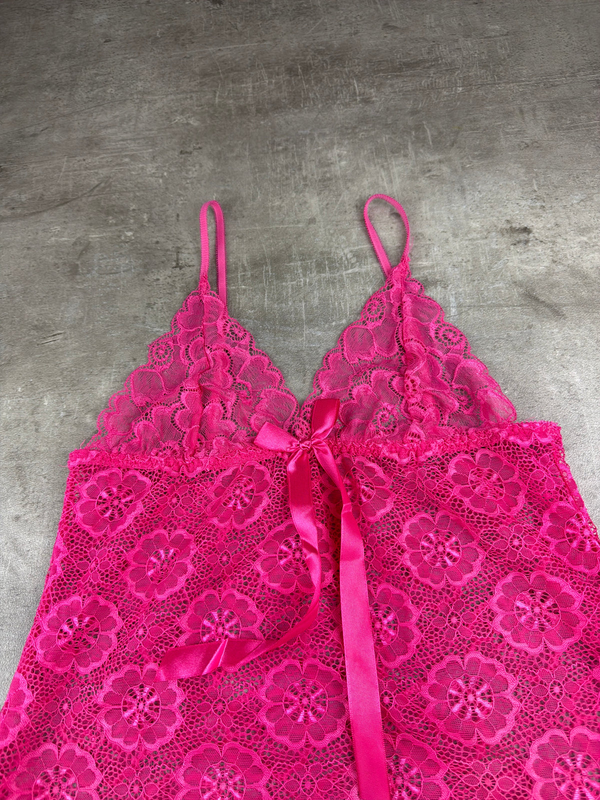 Vintage Y2K Floral Lace Satin Bow Babydoll Mini Slip Dress - Hot Pink - Past Pieces