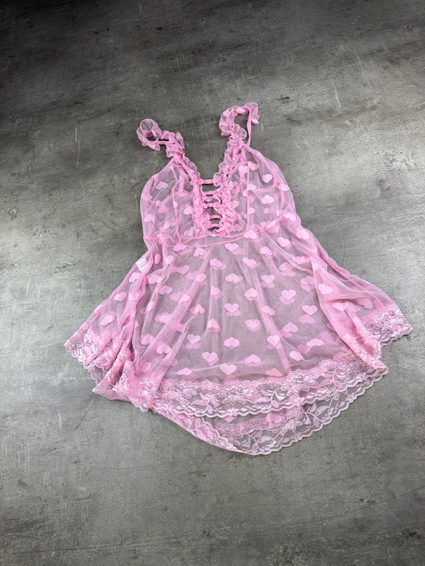 Y2K Heart Mesh Lace Babydoll Mini Dress - Pink / Coquette Ruffle