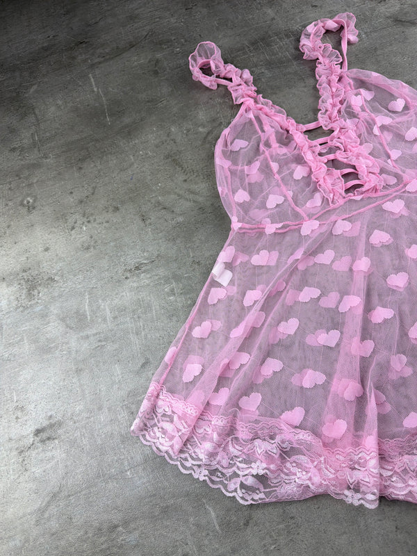 Y2K Heart Mesh Lace Babydoll Mini Dress - Pink / Coquette Ruffle