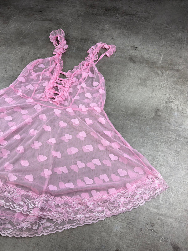 Y2K Heart Mesh Lace Babydoll Mini Dress - Pink / Coquette Ruffle