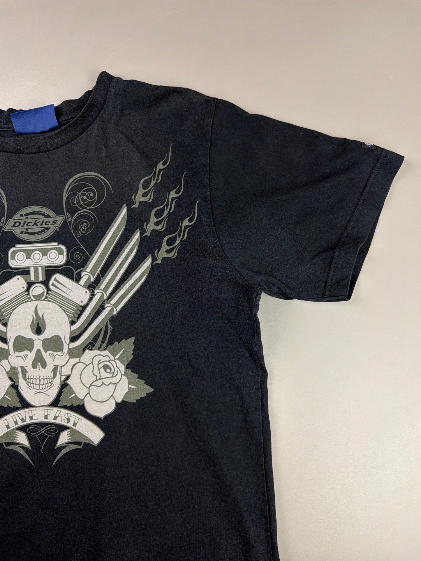 Dickies "Live Fast" Moto Skull Graphic Tee - Faded Black Cyber Y2K
