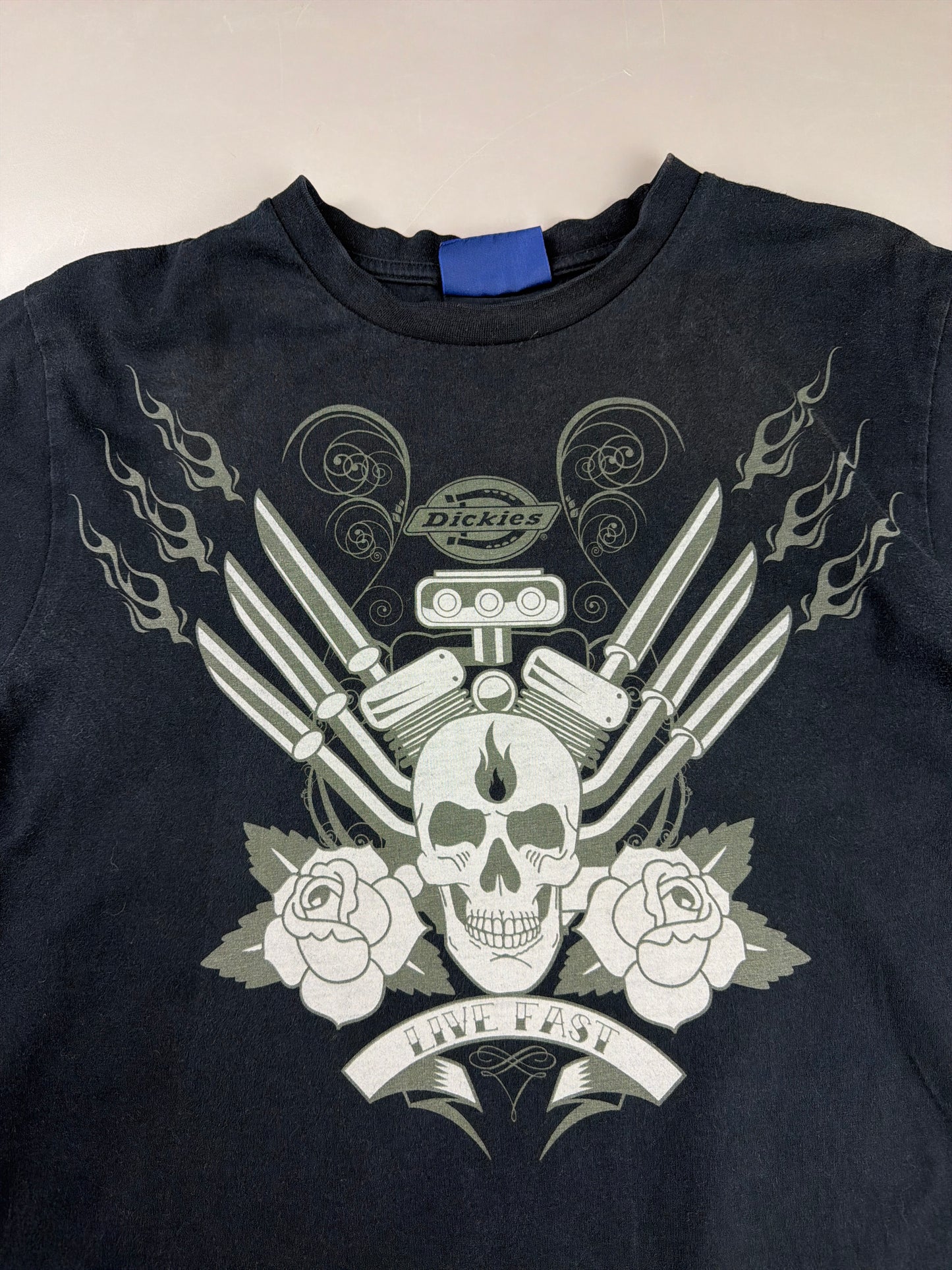 Dickies "Live Fast" Moto Skull Graphic Tee - Faded Black Cyber Y2K