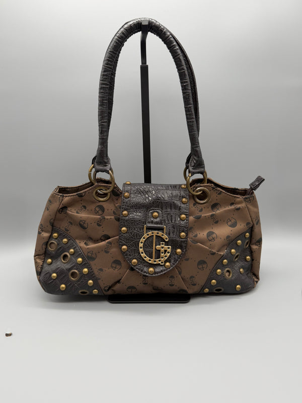 Gussaci Archive Monogram Studded Shoulder Bag - Brown Faux Croc & McBling