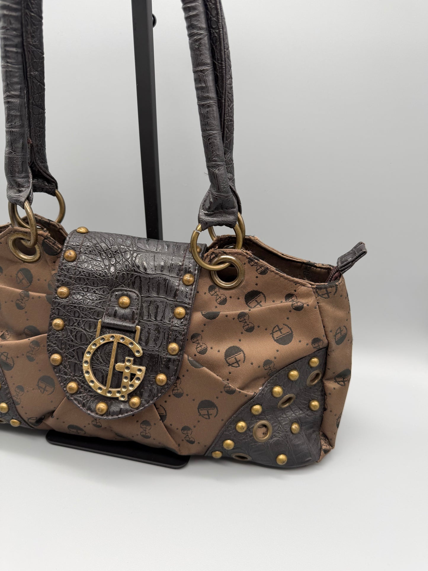 Gussaci Archive Monogram Studded Shoulder Bag - Brown Faux Croc & McBling