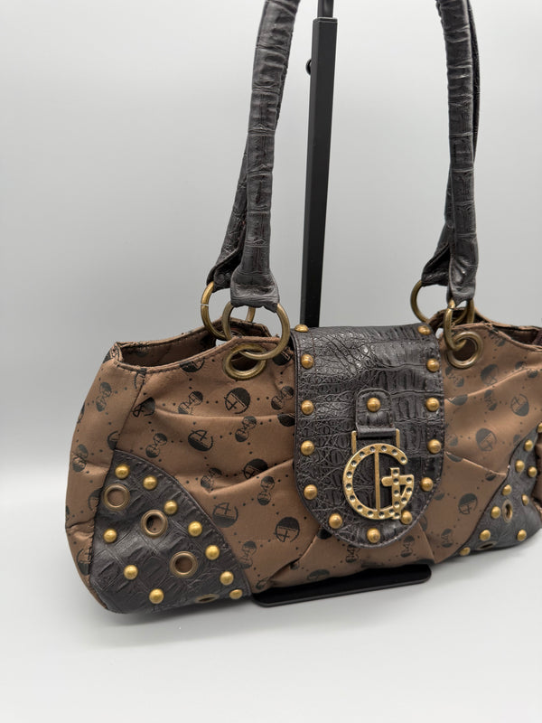 Gussaci Archive Monogram Studded Shoulder Bag - Brown Faux Croc & McBling