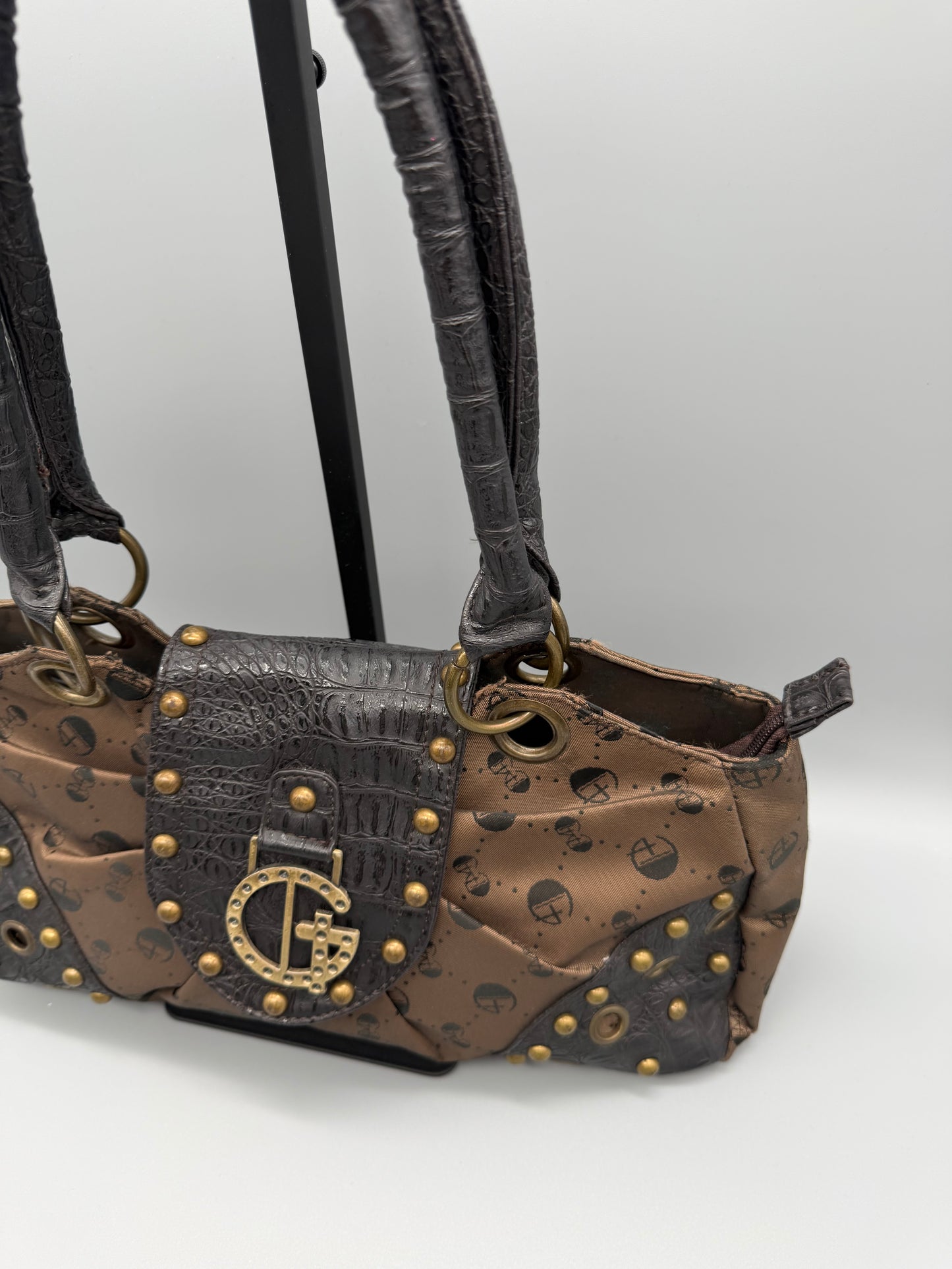Gussaci Archive Monogram Studded Shoulder Bag - Brown Faux Croc & McBling