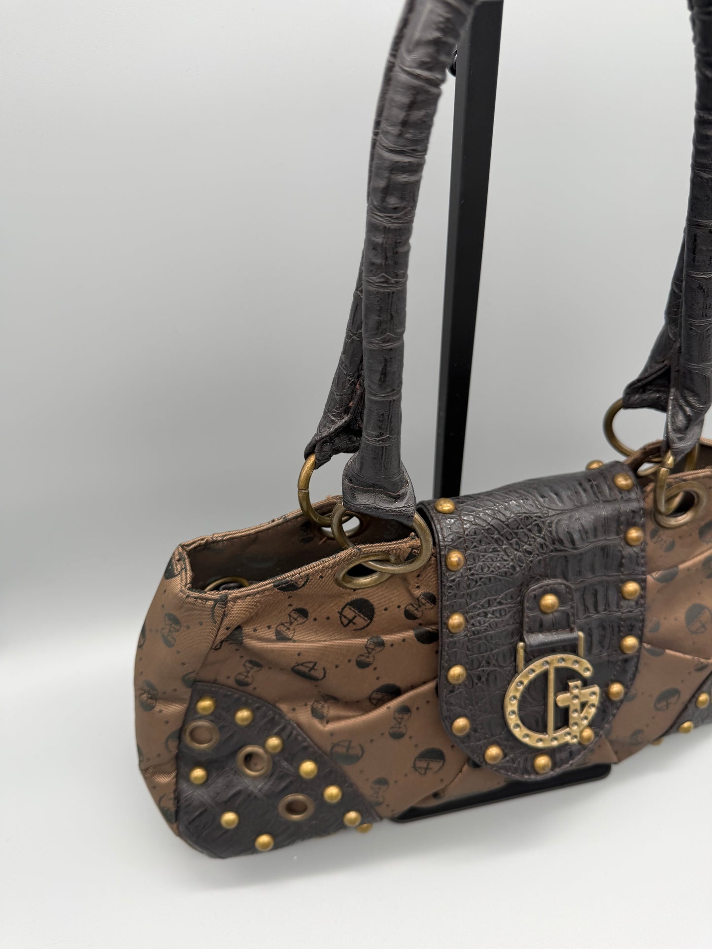 Gussaci Archive Monogram Studded Shoulder Bag - Brown Faux Croc & McBling