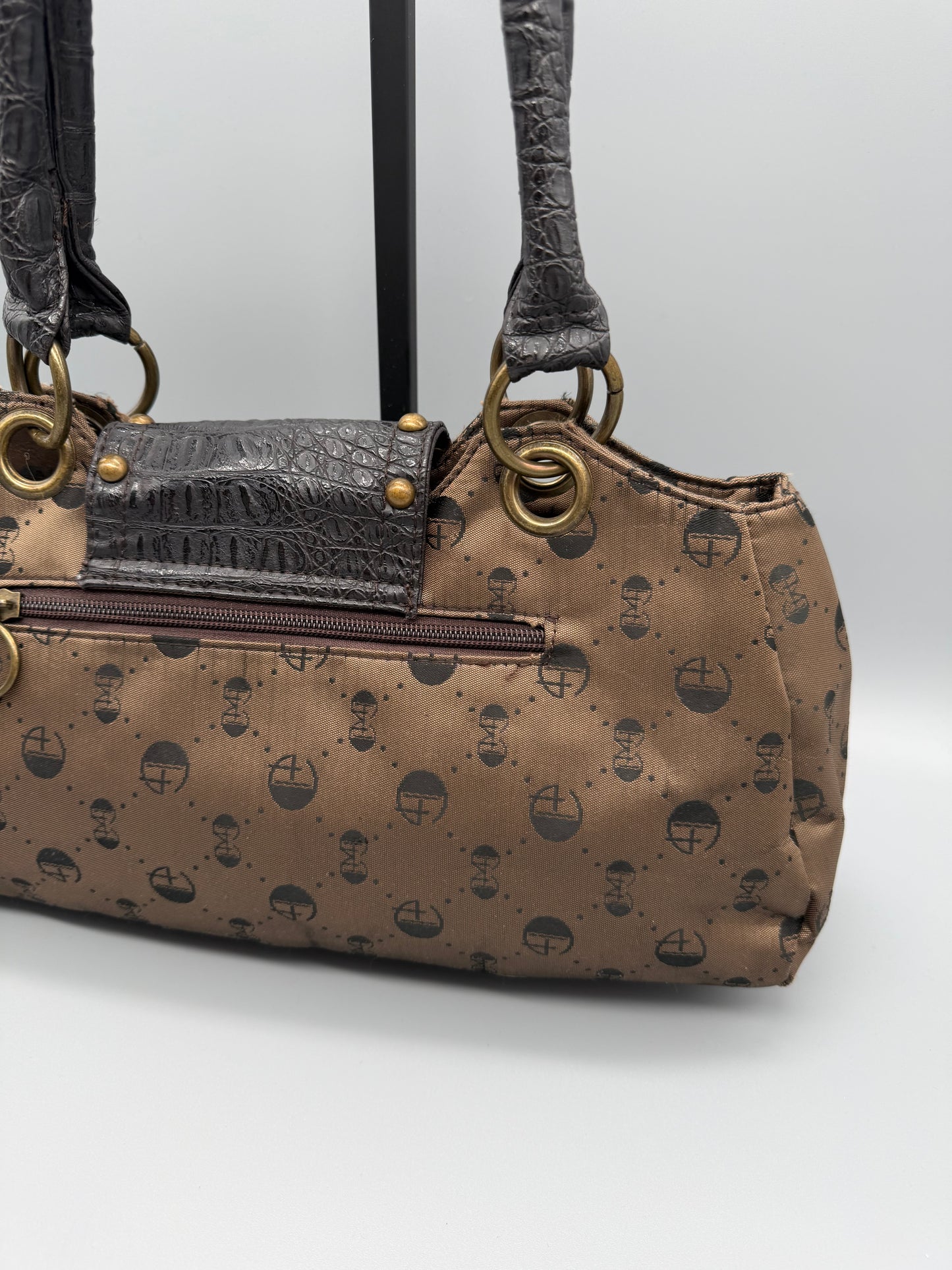 Gussaci Archive Monogram Studded Shoulder Bag - Brown Faux Croc & McBling
