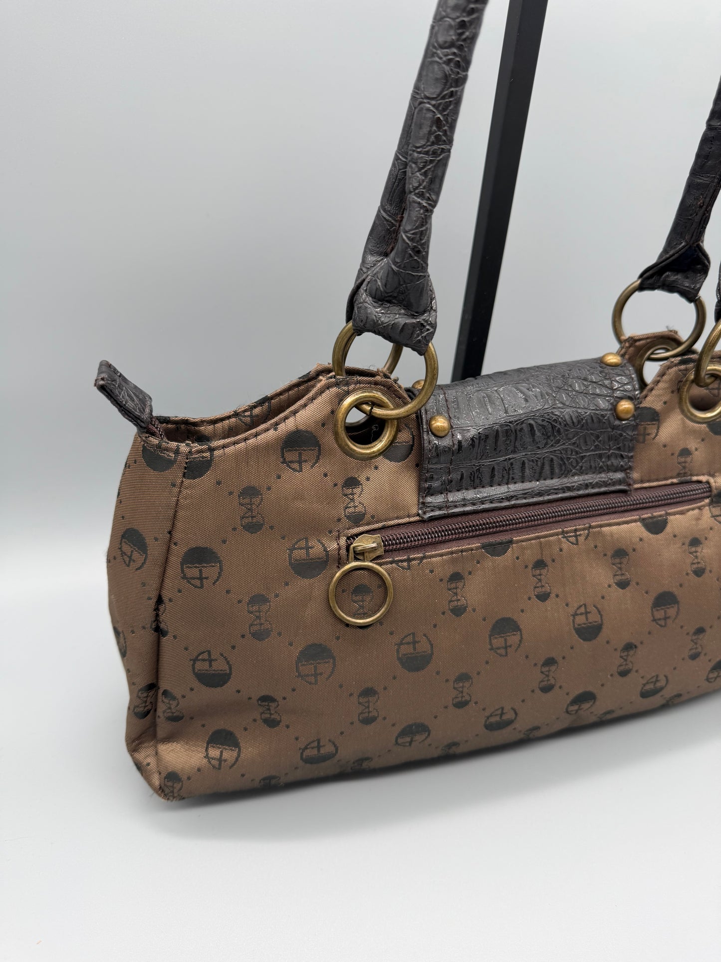 Gussaci Archive Monogram Studded Shoulder Bag - Brown Faux Croc & McBling