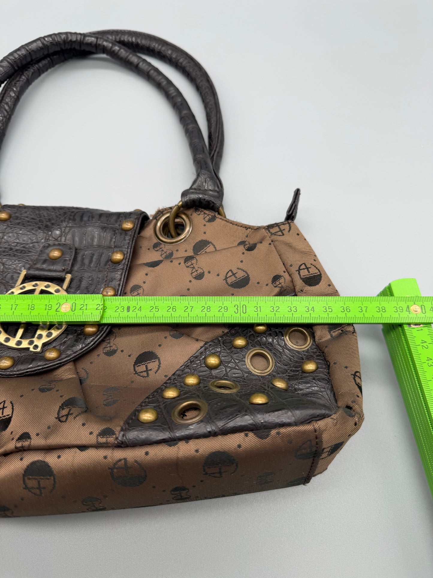 Gussaci Archive Monogram Studded Shoulder Bag - Brown Faux Croc & McBling