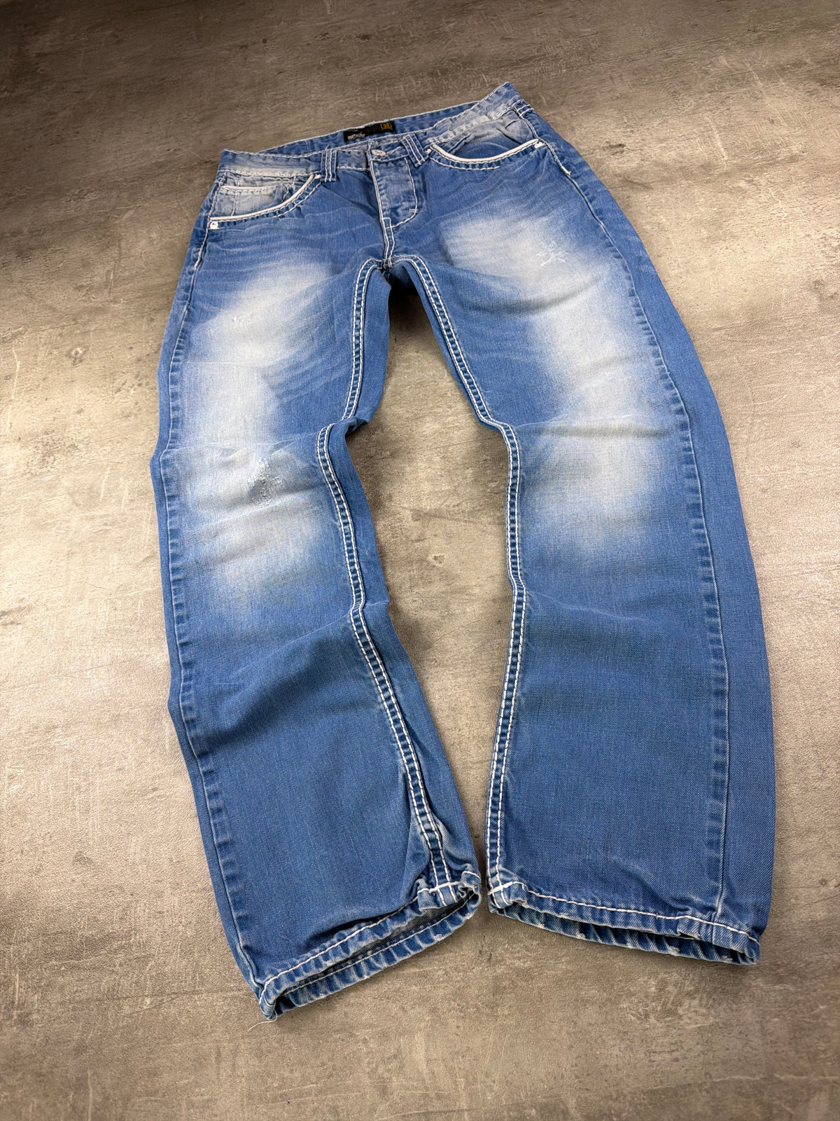 Smog Y2K Baggy Thick Stitch Denim Jeans - Light Blue Faded - Past Pieces