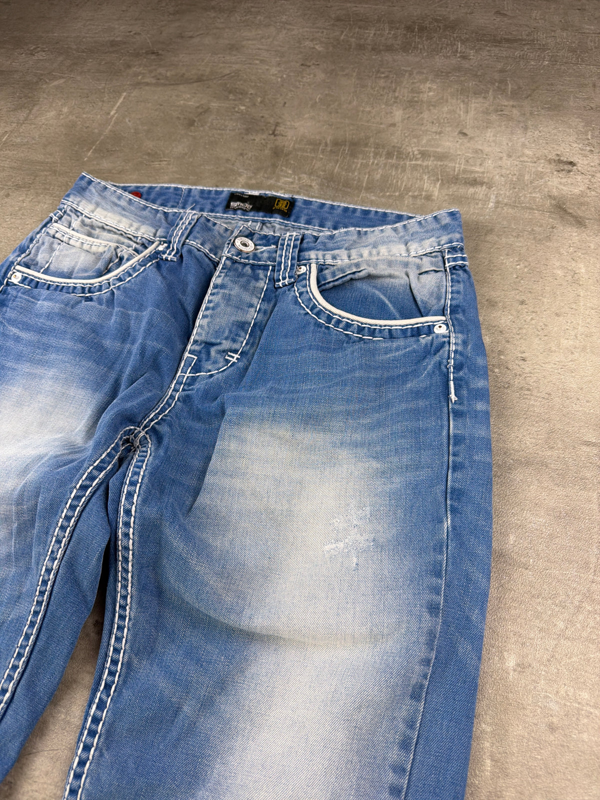 Smog Y2K Baggy Thick Stitch Denim Jeans - Light Blue Faded – Ansicht 7