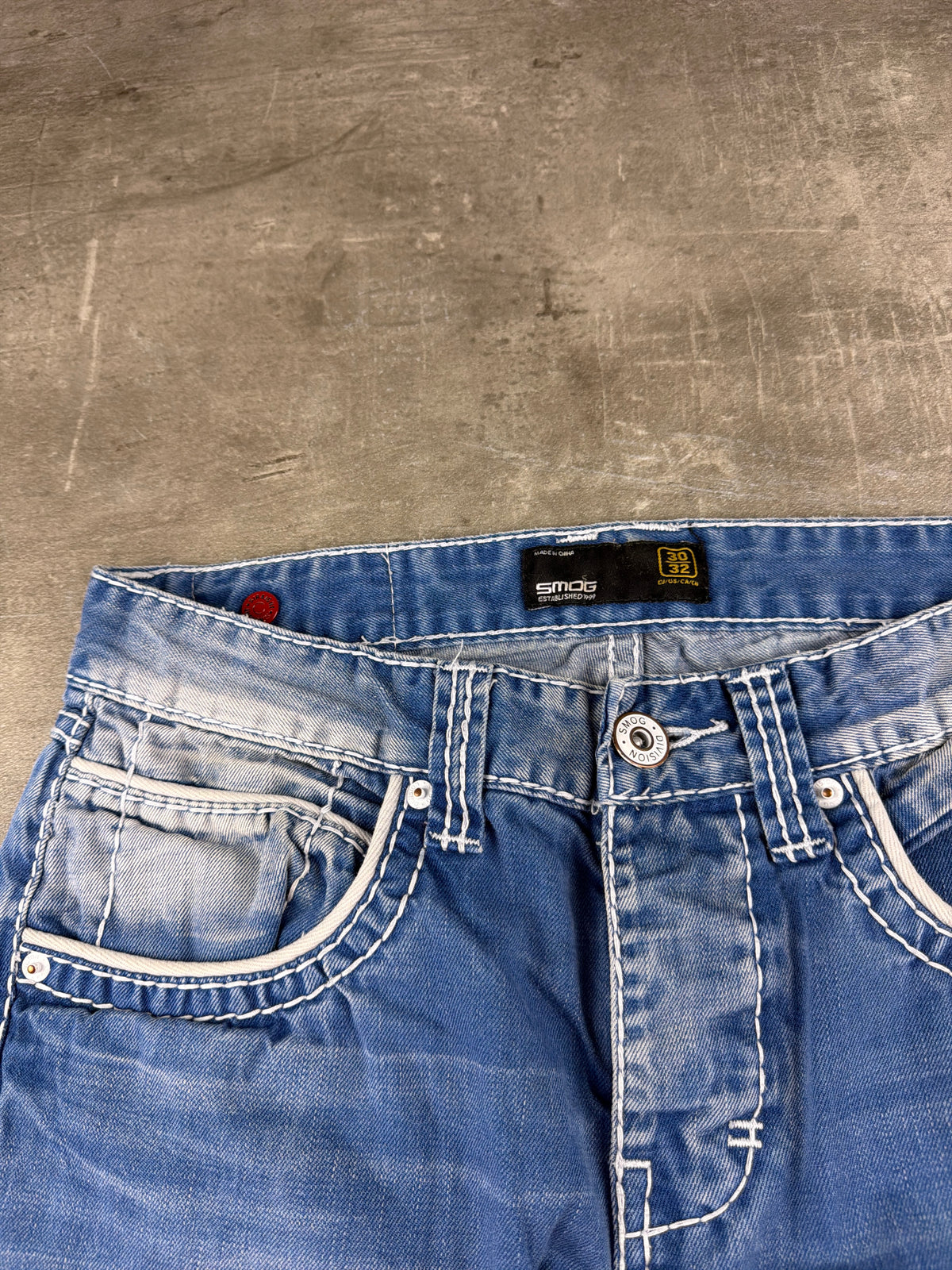 Smog Y2K Baggy Thick Stitch Denim Jeans - Light Blue Faded - Past Pieces