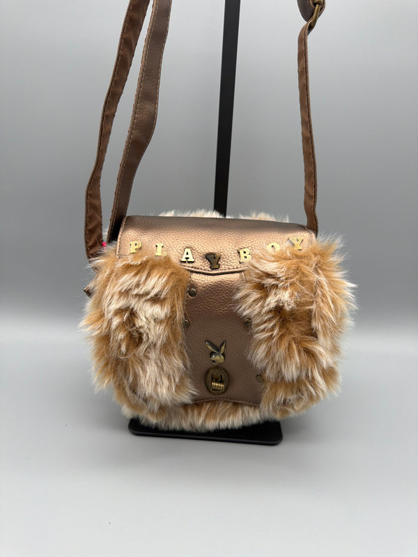 Playboy Y2K "Bunny" Flap Mini Bag - Metallic Bronze & Faux Fur