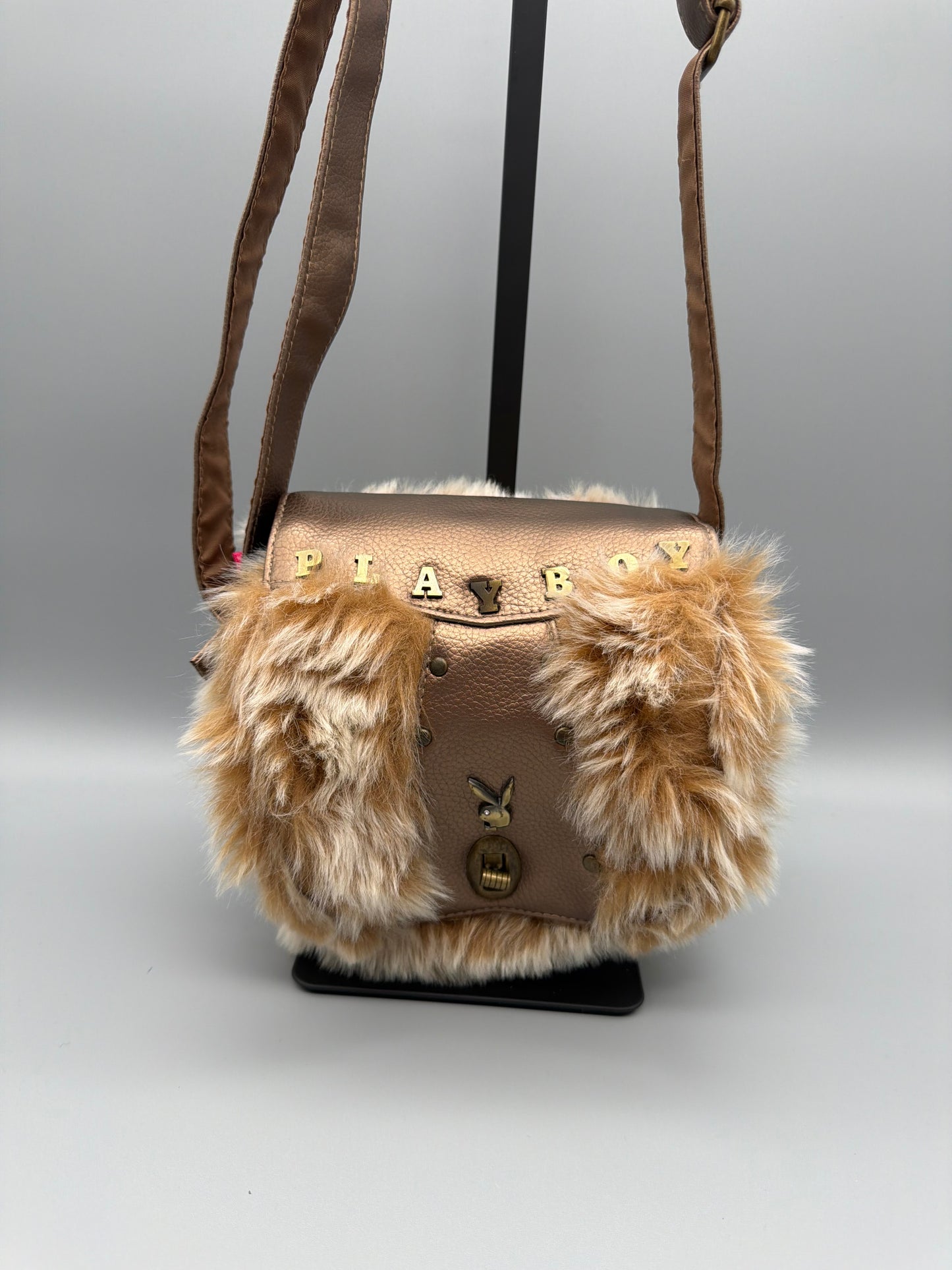 Playboy Y2K "Bunny" Flap Mini Bag - Metallic Bronze & Faux Fur