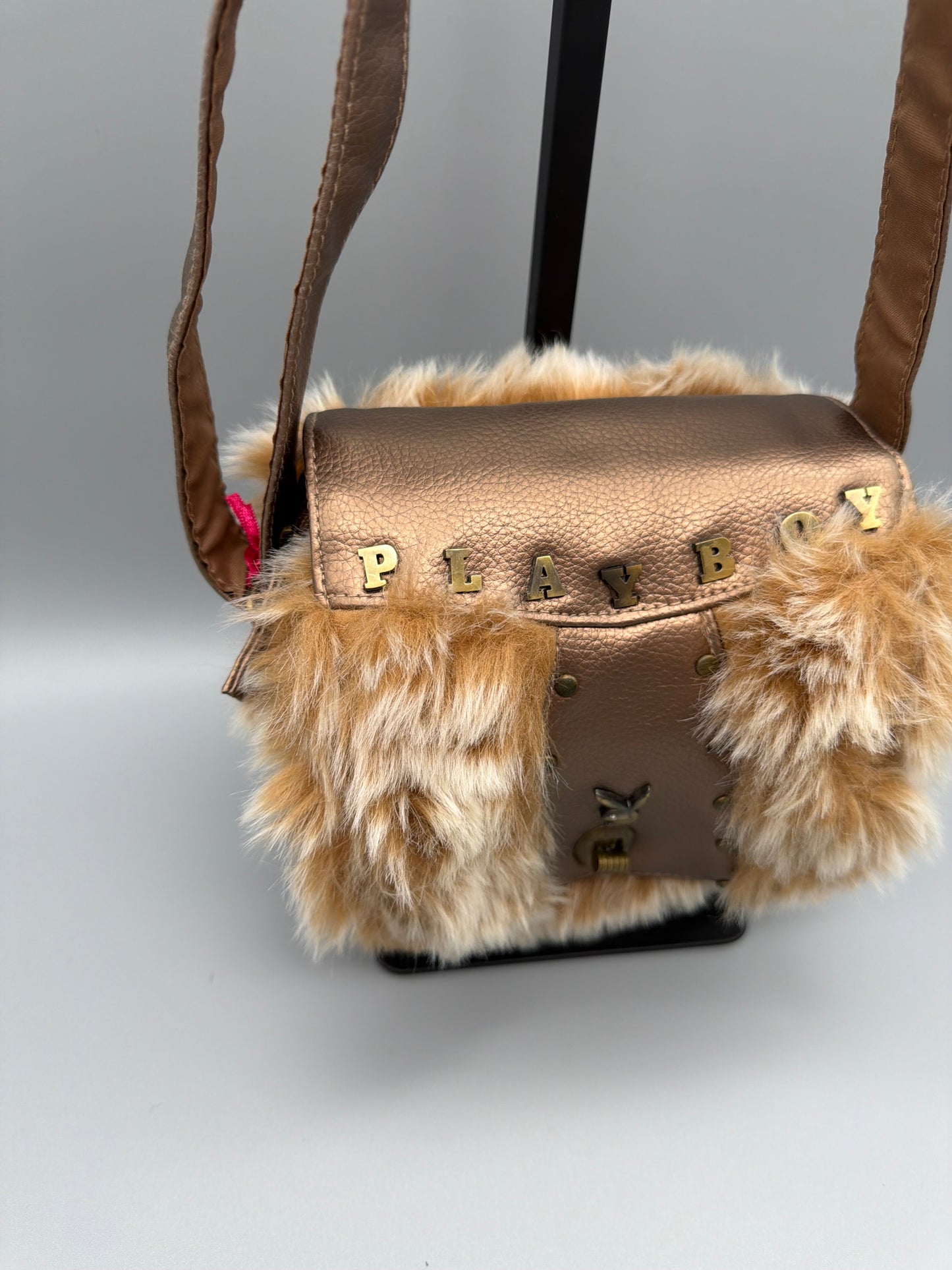 Playboy Y2K "Bunny" Flap Mini Bag - Metallic Bronze & Faux Fur
