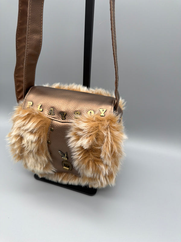 Playboy Y2K "Bunny" Flap Mini Bag - Metallic Bronze & Faux Fur