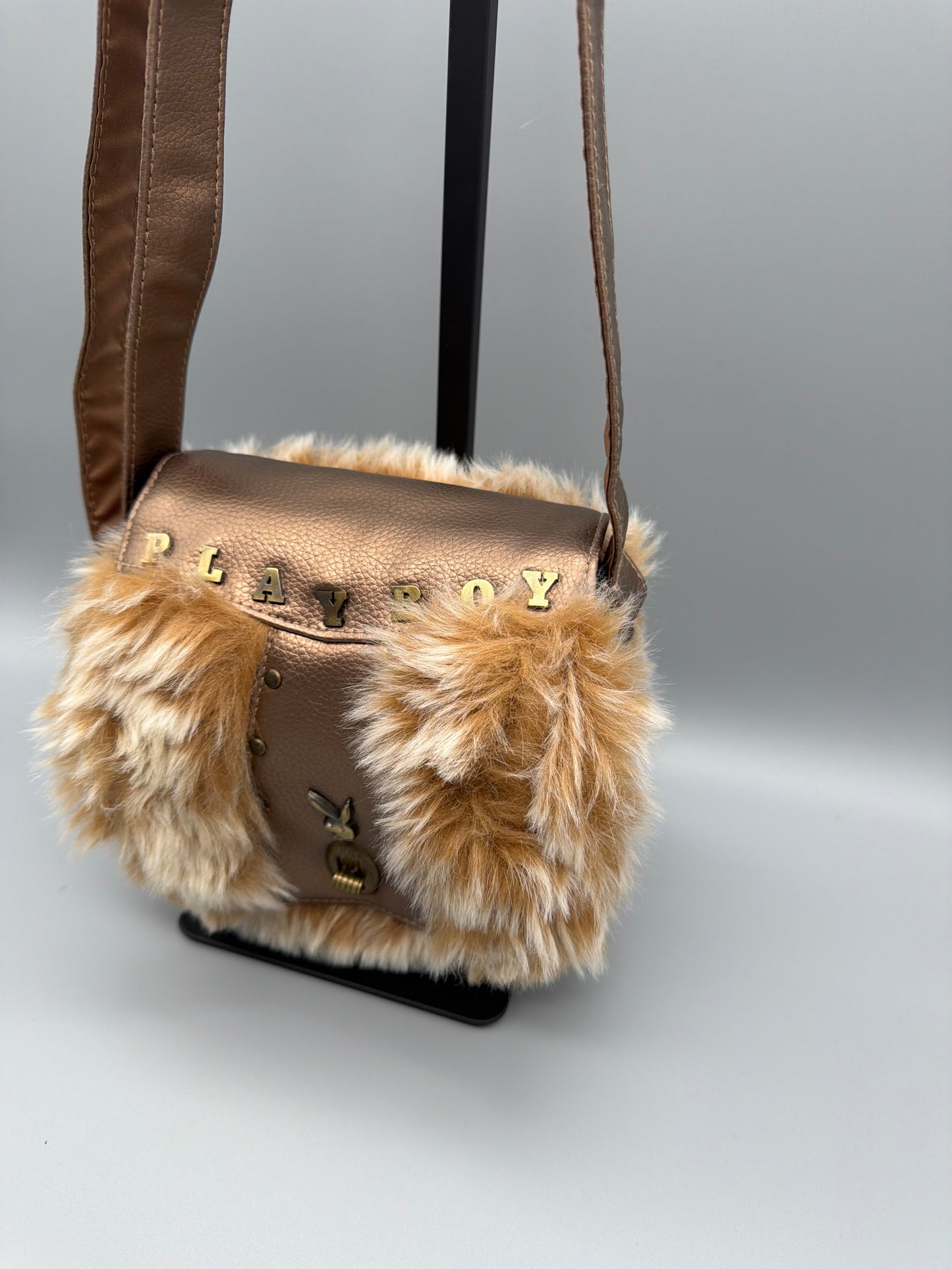 Playboy Y2K "Bunny" Flap Mini Bag - Metallic Bronze & Faux Fur