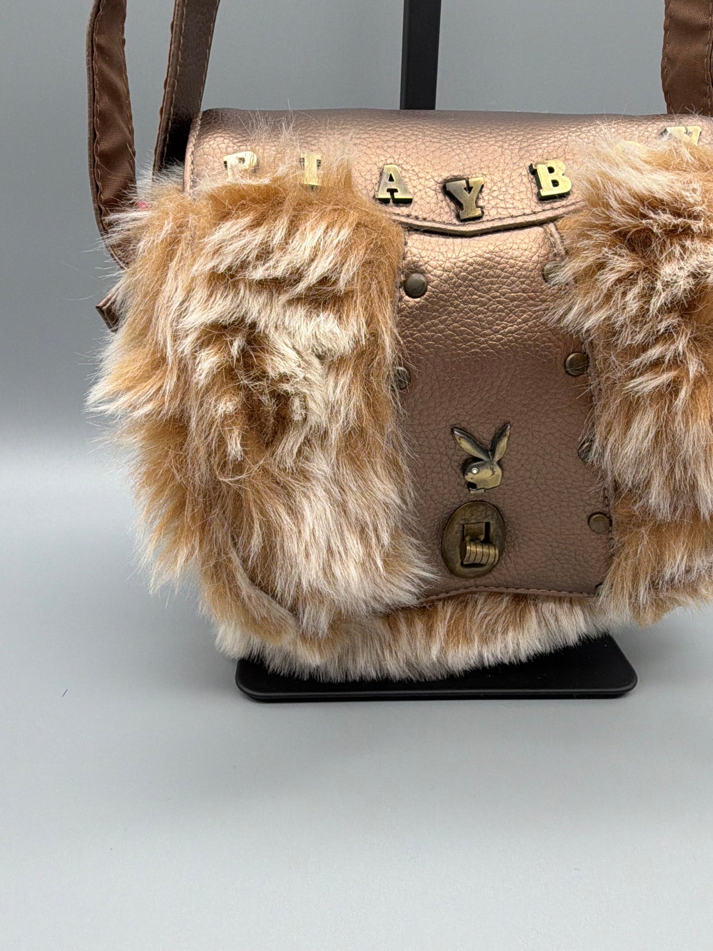 Playboy Y2K "Bunny" Flap Mini Bag - Metallic Bronze & Faux Fur