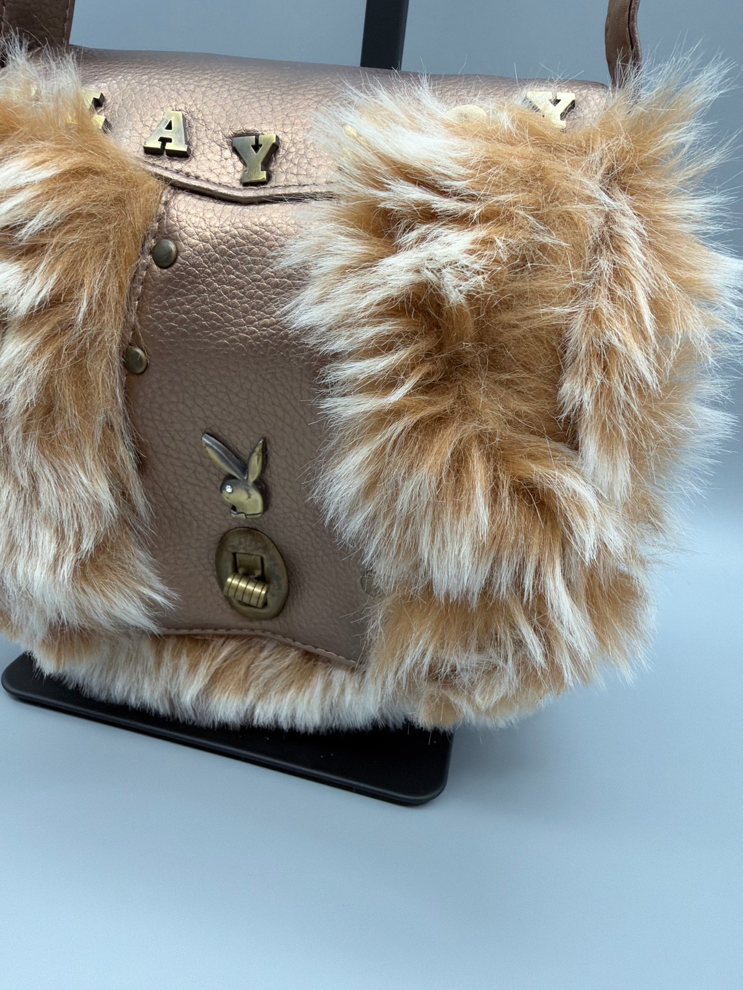 Playboy Y2K "Bunny" Flap Mini Bag - Metallic Bronze & Faux Fur