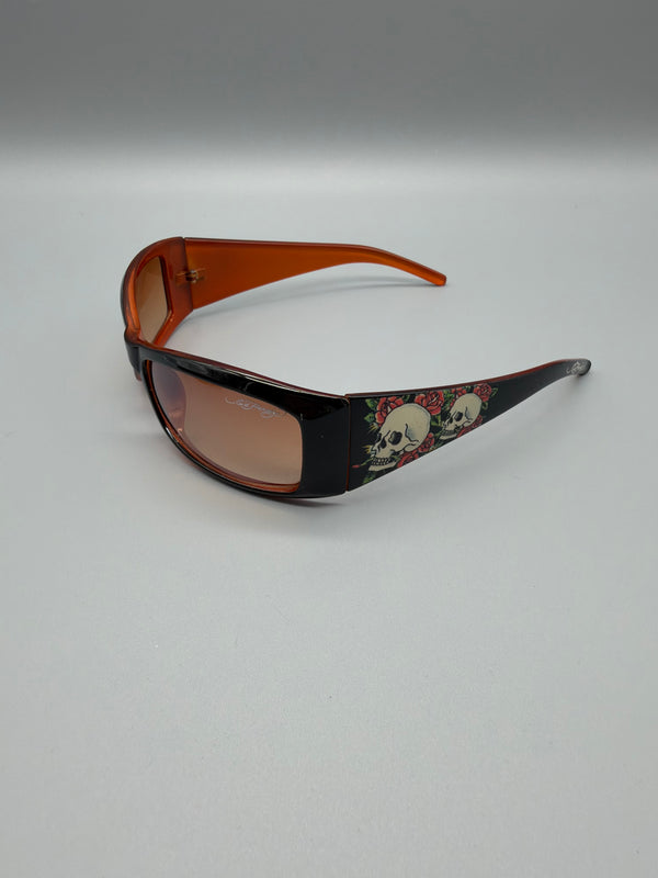 Ed Hardy Archive "Skull & Rose" Sunglasses - Black/Orange Y2K Grunge