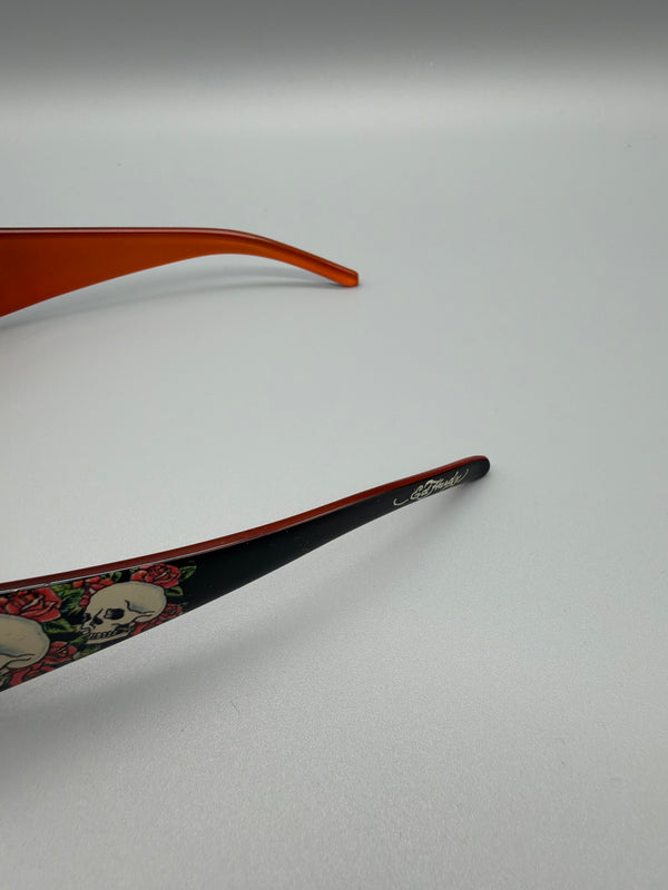 Ed Hardy Archive "Skull & Rose" Sunglasses - Black/Orange Y2K Grunge