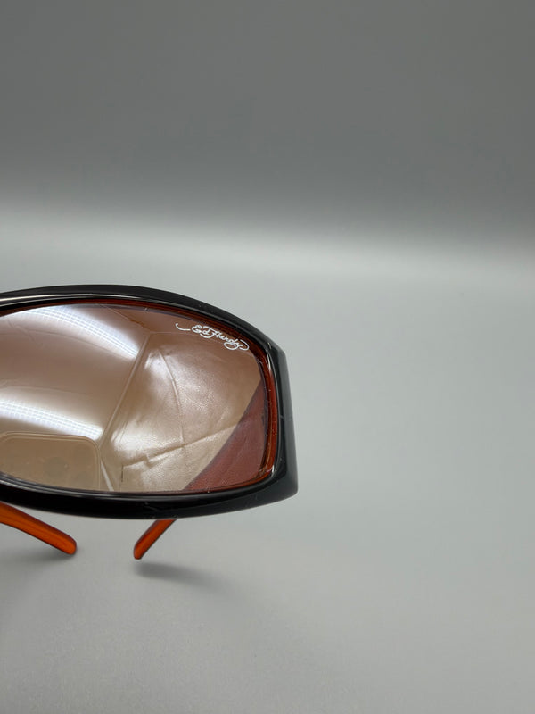 Ed Hardy Archive "Skull & Rose" Sunglasses - Black/Orange Y2K Grunge