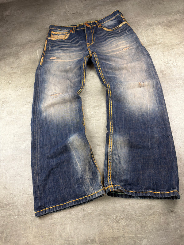 Fake & Fraudy Y2K Bell Bottom Distressed Denim - Washed Blue / Orange Stitch