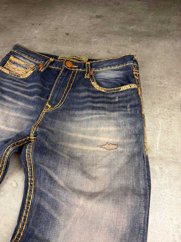 Fake & Fraudy Y2K Bell Bottom Distressed Denim - Washed Blue / Orange Stitch