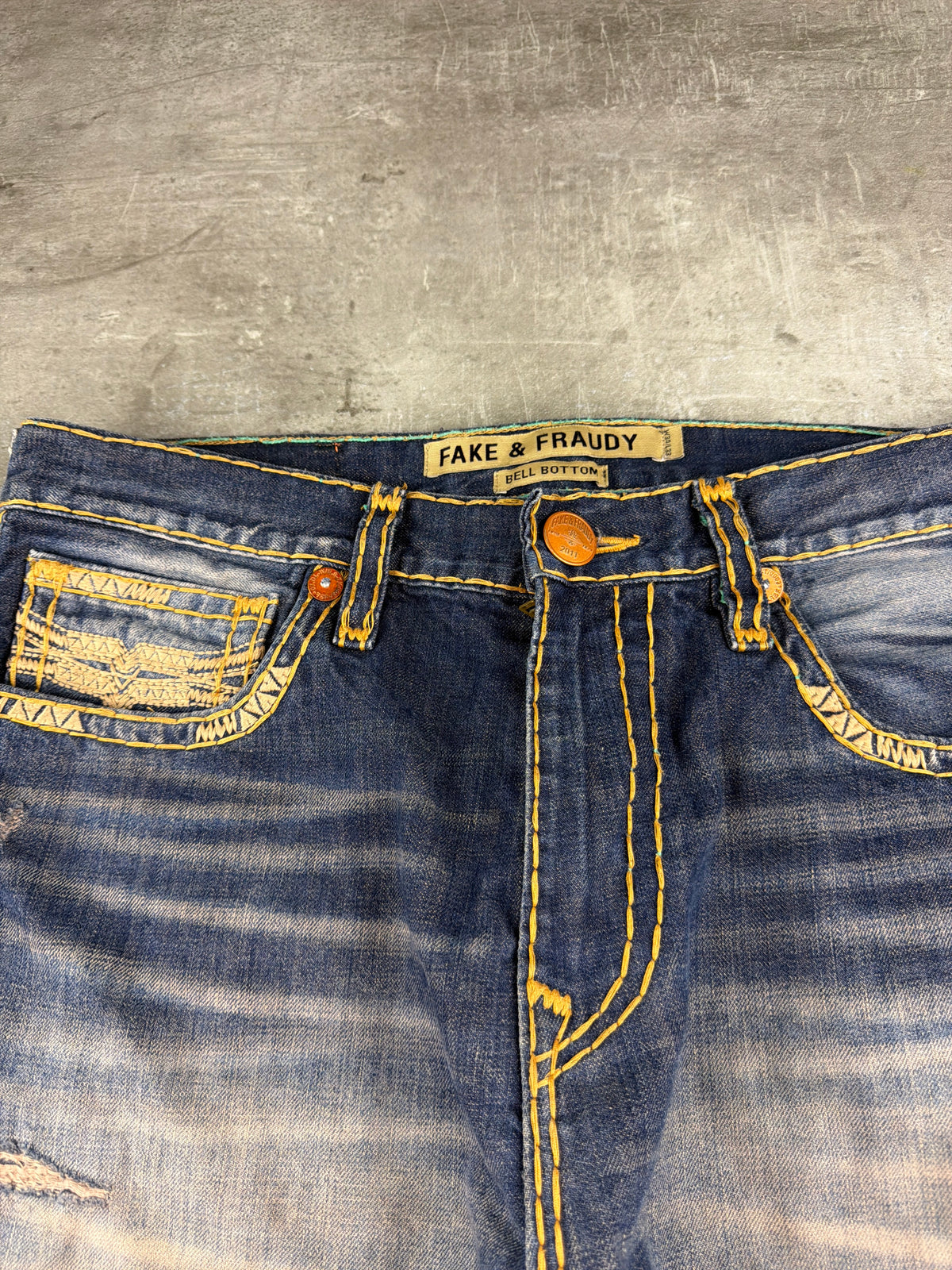 Fake & Fraudy Y2K Bell Bottom Distressed Denim - Washed Blue / Orange Stitch - Past Pieces