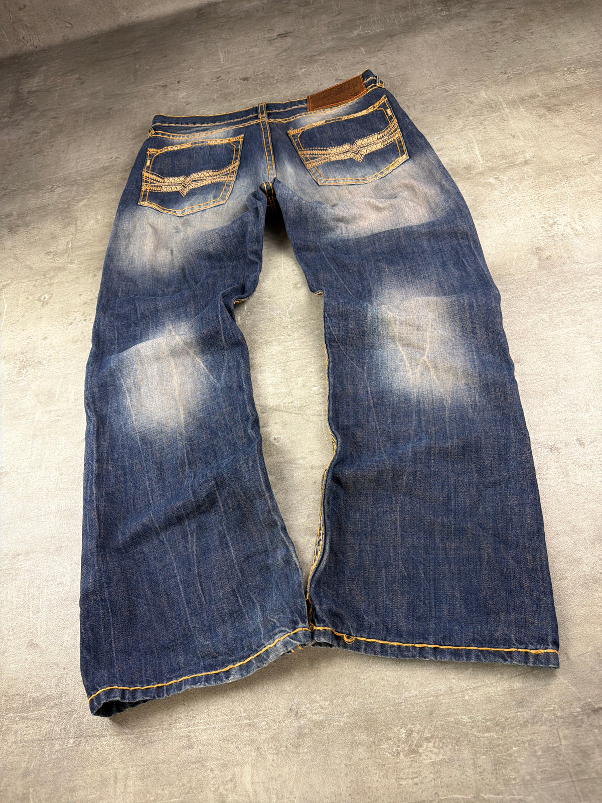 Fake & Fraudy Y2K Bell Bottom Distressed Denim - Washed Blue / Orange Stitch - Past Pieces