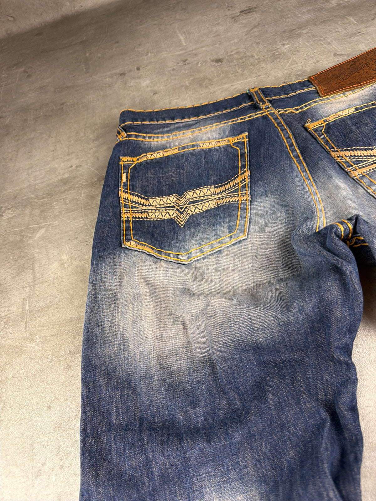 Fake & Fraudy Y2K Bell Bottom Distressed Denim - Washed Blue / Orange Stitch - Past Pieces
