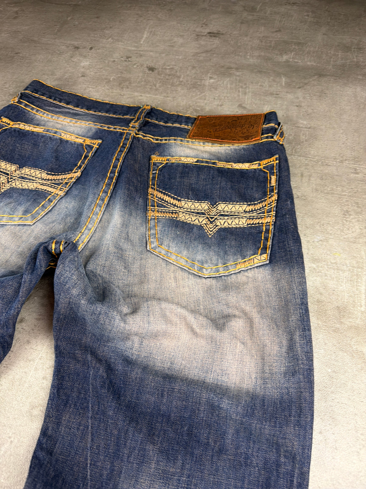 Fake & Fraudy Y2K Bell Bottom Distressed Denim - Washed Blue / Orange Stitch - Past Pieces