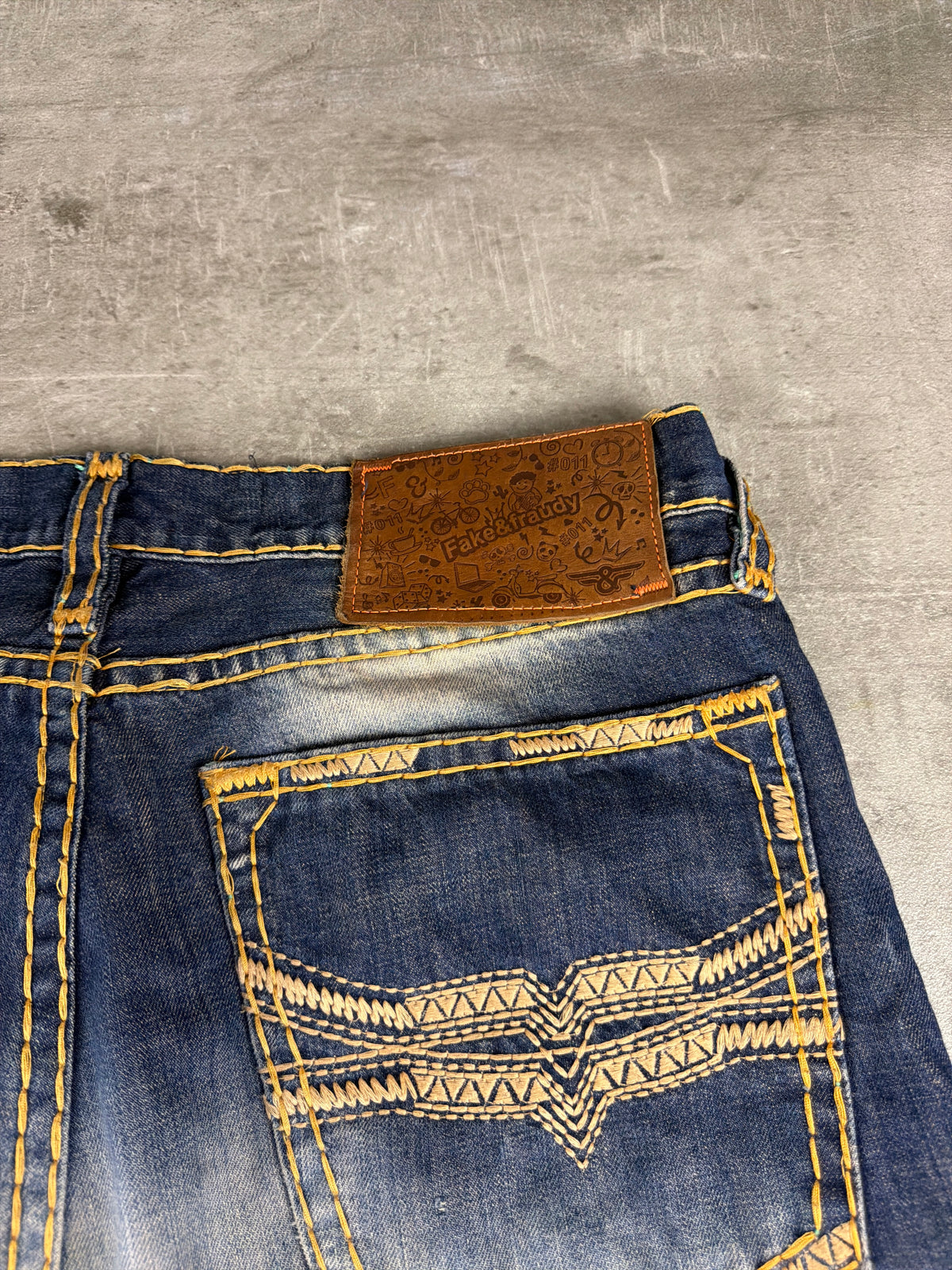 Fake & Fraudy Y2K Bell Bottom Distressed Denim - Washed Blue / Orange Stitch - Past Pieces