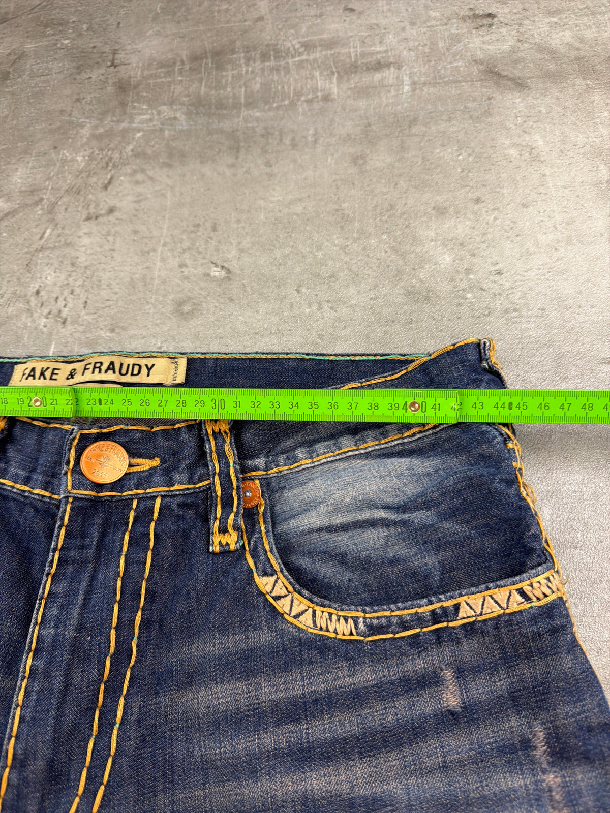 Fake & Fraudy Y2K Bell Bottom Distressed Denim - Washed Blue / Orange Stitch - Past Pieces