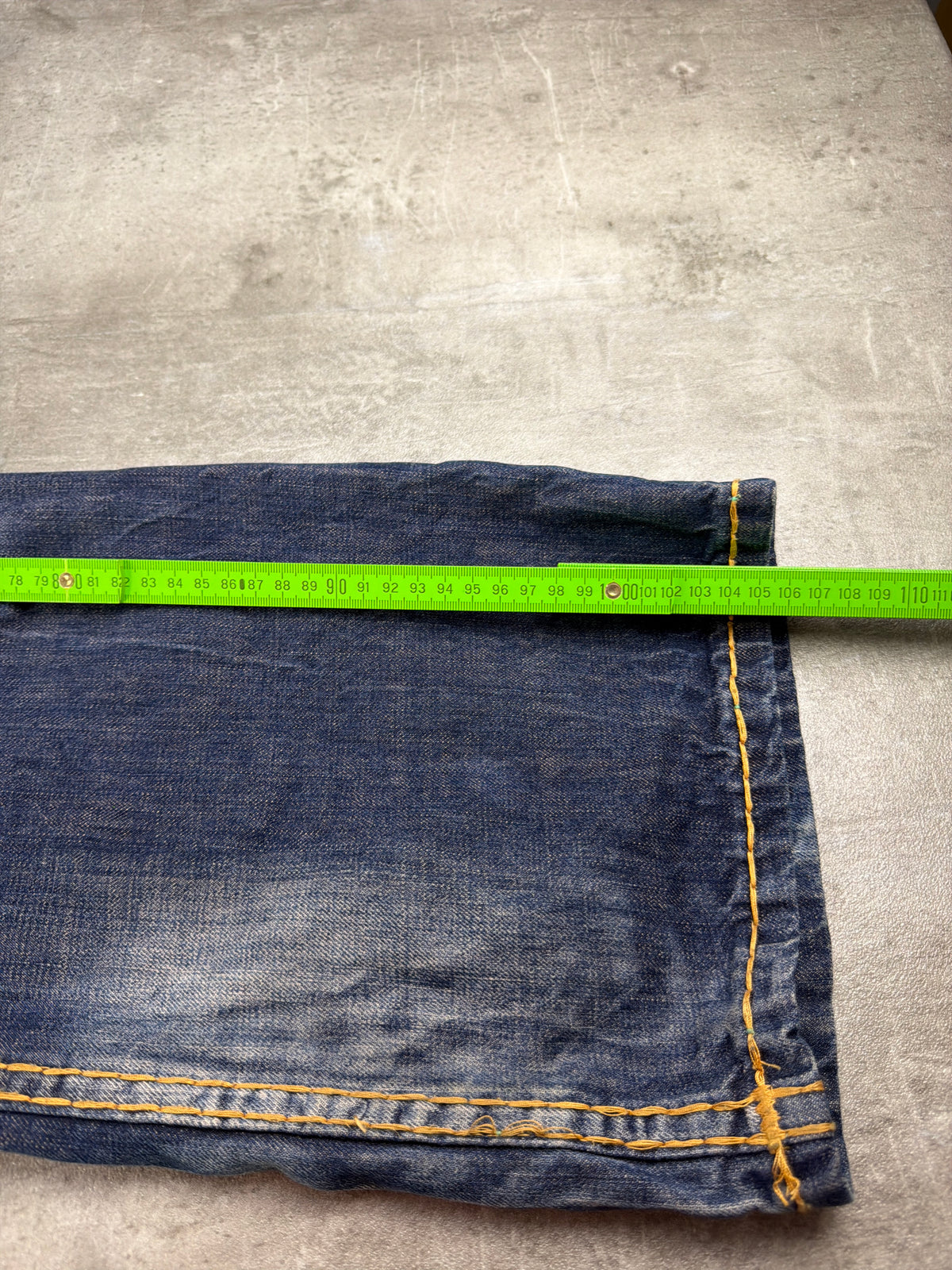 Fake & Fraudy Y2K Bell Bottom Distressed Denim - Washed Blue / Orange Stitch – Ansicht 12