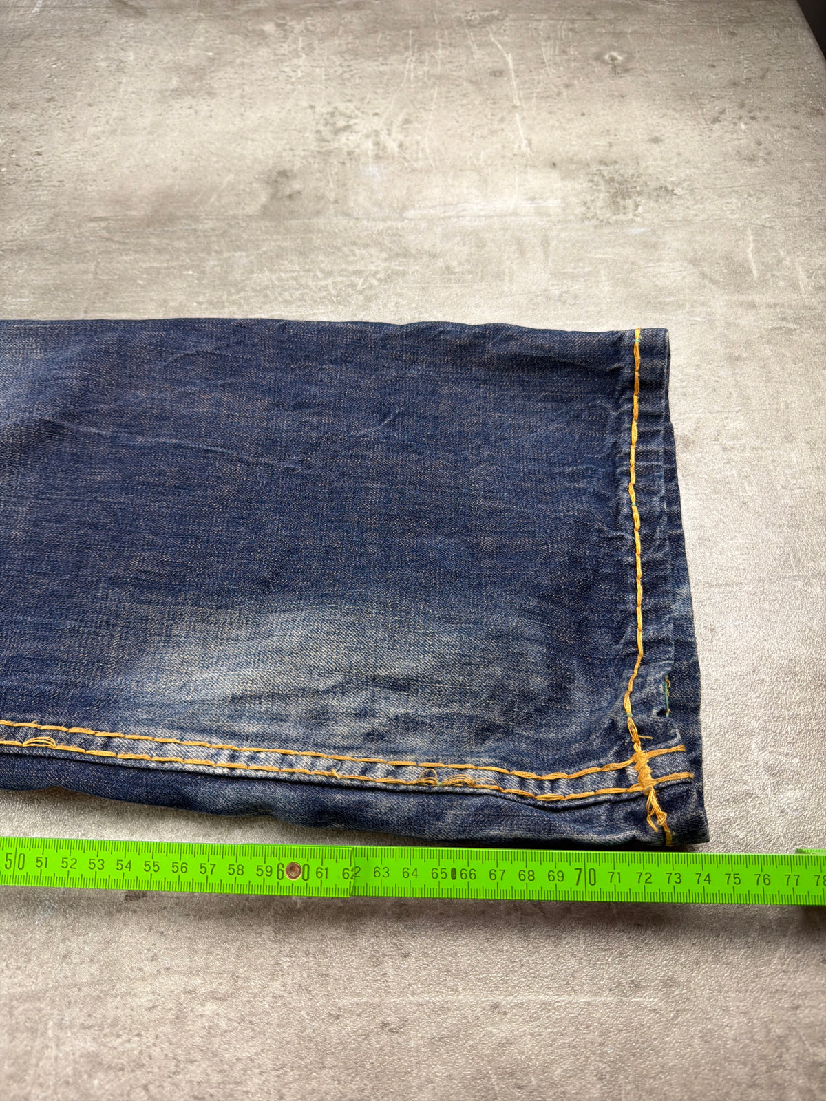 Fake & Fraudy Y2K Bell Bottom Distressed Denim - Washed Blue / Orange Stitch - Past Pieces