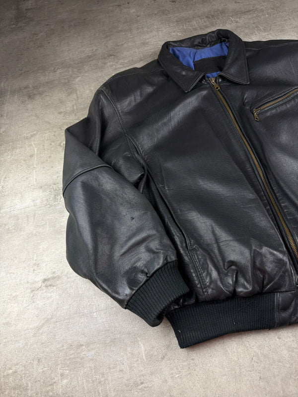 Vintage 90s Oversized Leather Bomber Jacket - Black / Royal Blue Lining