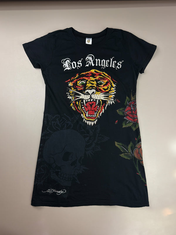 Ed Hardy Archive "Los Angeles Rhinestone Tiger" Longline Shirt - Black Cyber Y2K