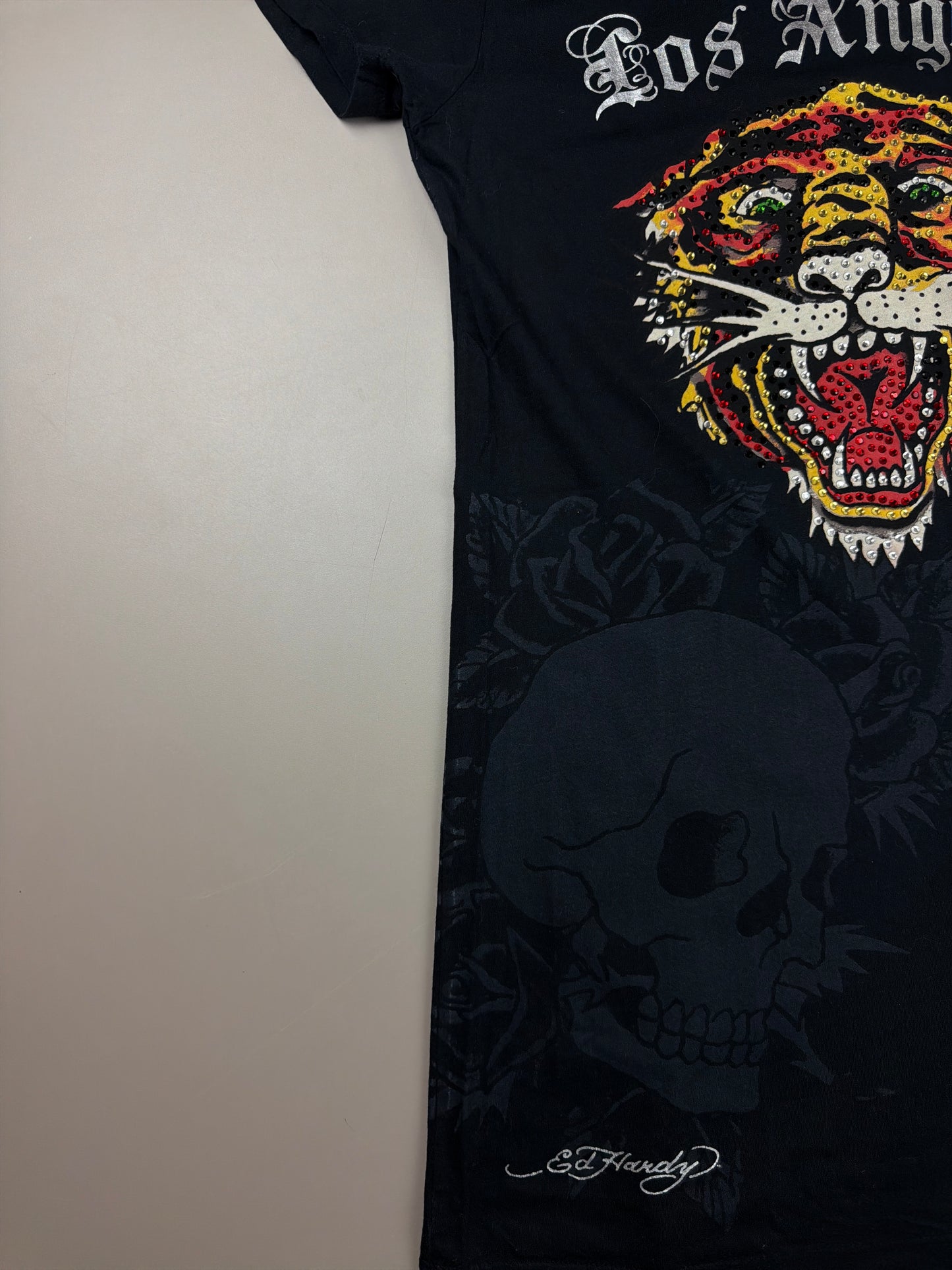 Ed Hardy Archive "Los Angeles Rhinestone Tiger" Longline Shirt - Black Cyber Y2K