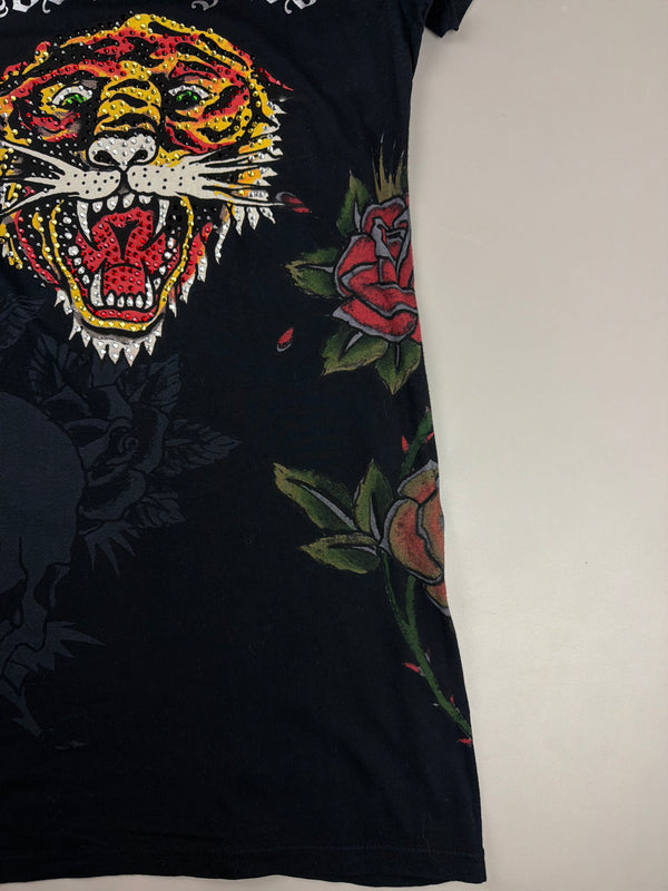 Ed Hardy Archive "Los Angeles Rhinestone Tiger" Longline Shirt - Black Cyber Y2K