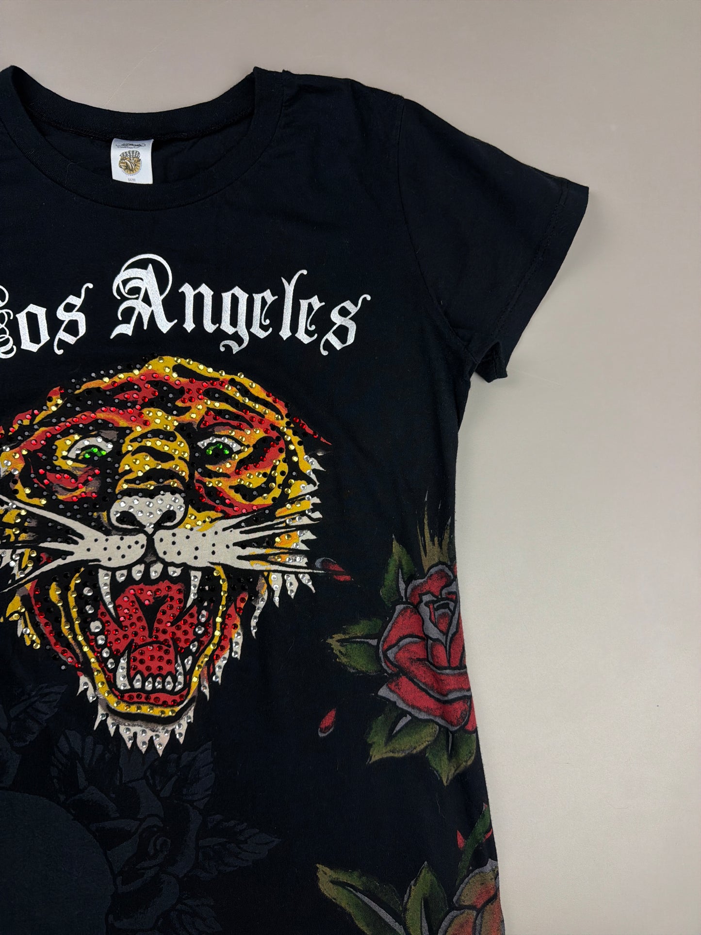 Ed Hardy Archive "Los Angeles Rhinestone Tiger" Longline Shirt - Black Cyber Y2K