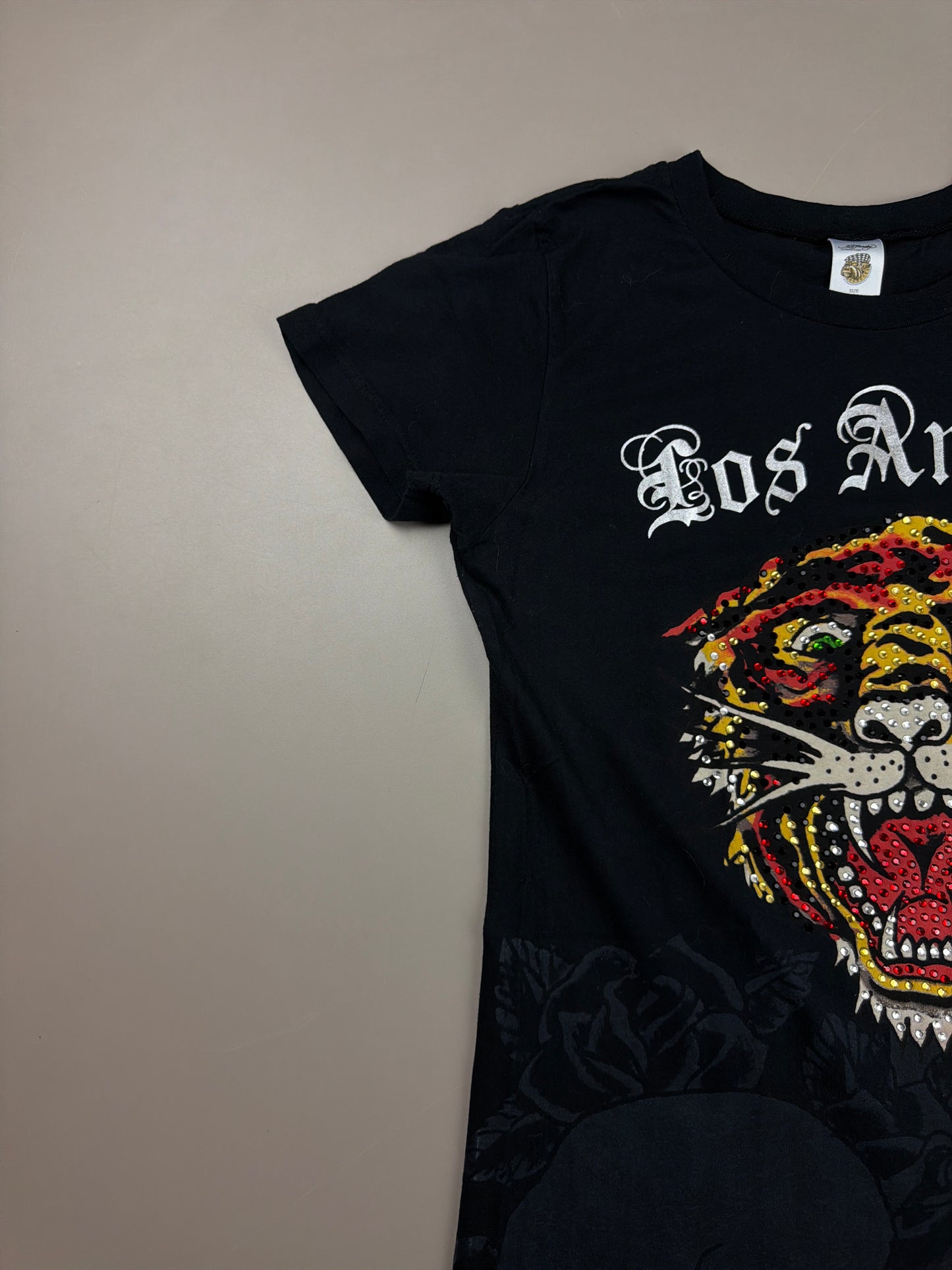 Ed Hardy Archive "Los Angeles Rhinestone Tiger" Longline Shirt - Black Cyber Y2K