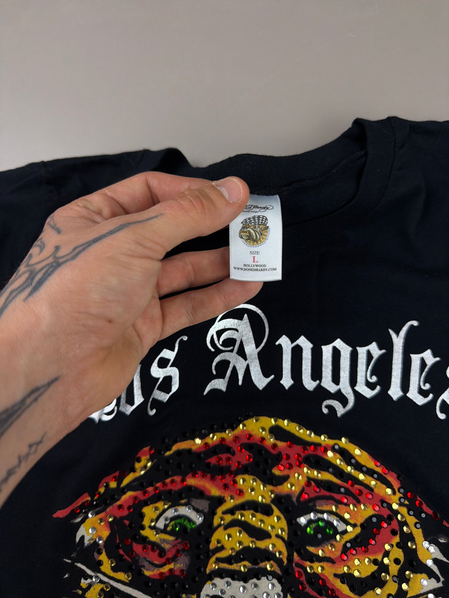 Ed Hardy Archive "Los Angeles Rhinestone Tiger" Longline Shirt - Black Cyber Y2K
