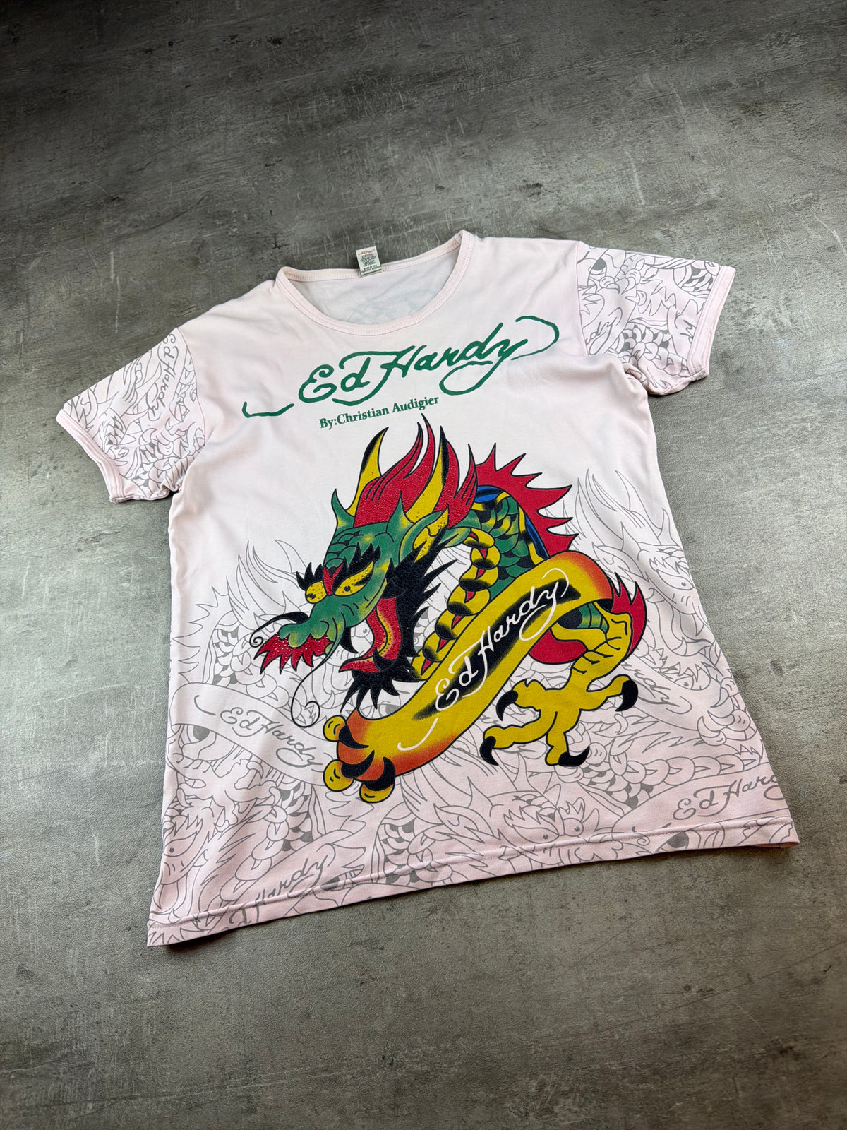 Ed Hardy by Christian Audigier Y2K Rhinestone Dragon Baby Tee - Light Pink / Green - Past Pieces