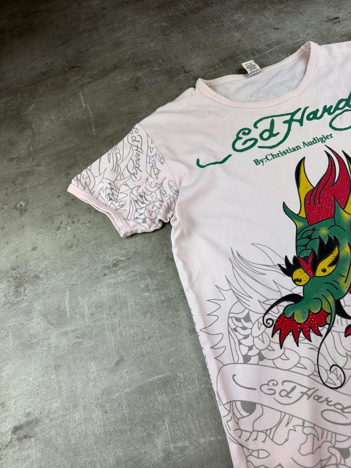 Ed Hardy by Christian Audigier Y2K Rhinestone Dragon Baby Tee - Light Pink / Green - Past Pieces