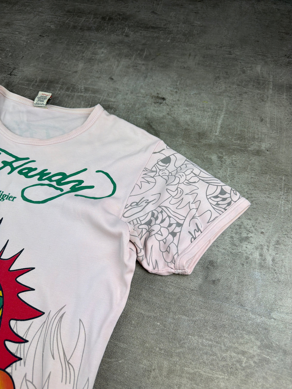 Ed Hardy by Christian Audigier Y2K Rhinestone Dragon Baby Tee - Light Pink / Green - Past Pieces