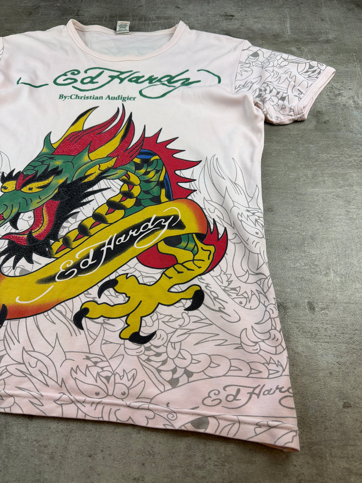 Ed Hardy by Christian Audigier Y2K Rhinestone Dragon Baby Tee - Light Pink / Green - Past Pieces