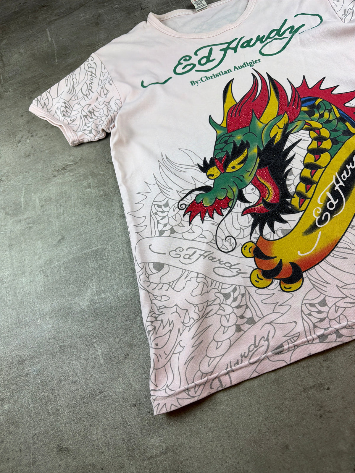 Ed Hardy by Christian Audigier Y2K Rhinestone Dragon Baby Tee - Light Pink / Green - Past Pieces